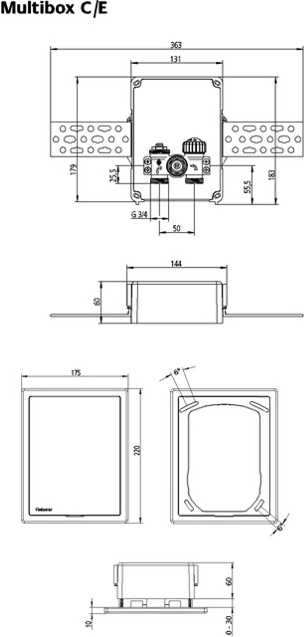 Zeichnung eines Heizungsunterkastens von IMI Hydronic Engineering mit genauen Abmessungen, Anschlussmöglichkeiten und technischen Details. Darstellung in verschiedenen Ansichten.